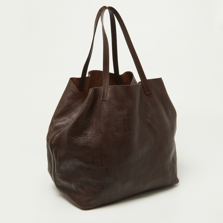Pre Owned CH Carolina Herrera Brown Monogram Leather Matryoshka Shopper Tote