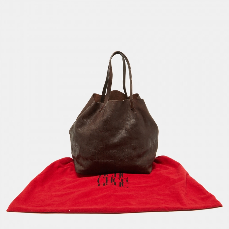 Pre Owned CH Carolina Herrera Brown Monogram Leather Matryoshka Shopper Tote