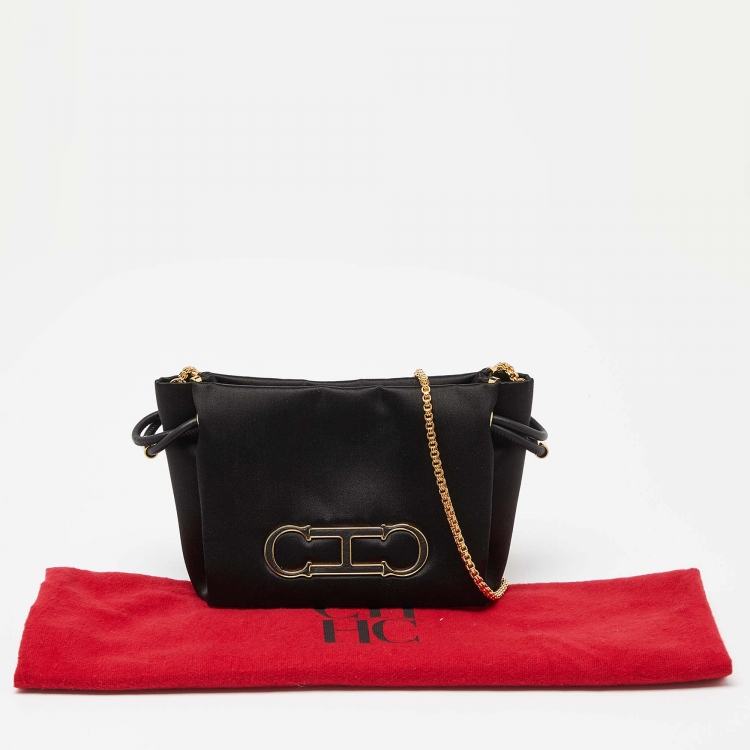 Pre Owned Ch Carolina Herrera Black Satin and Leather Chain Bag