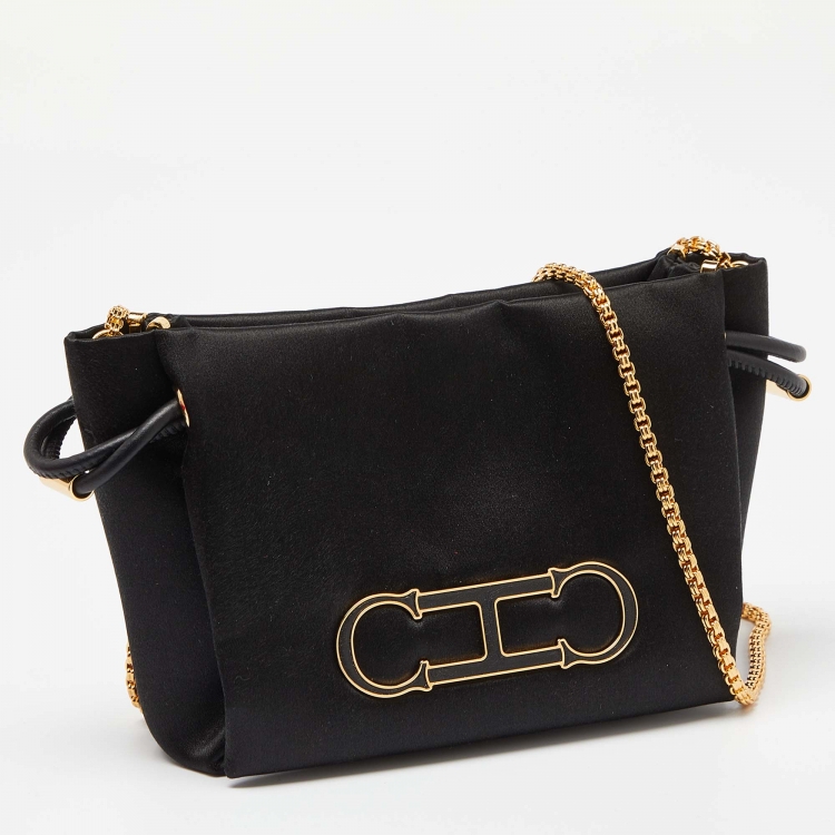 Pre Owned Ch Carolina Herrera Black Satin and Leather Chain Bag
