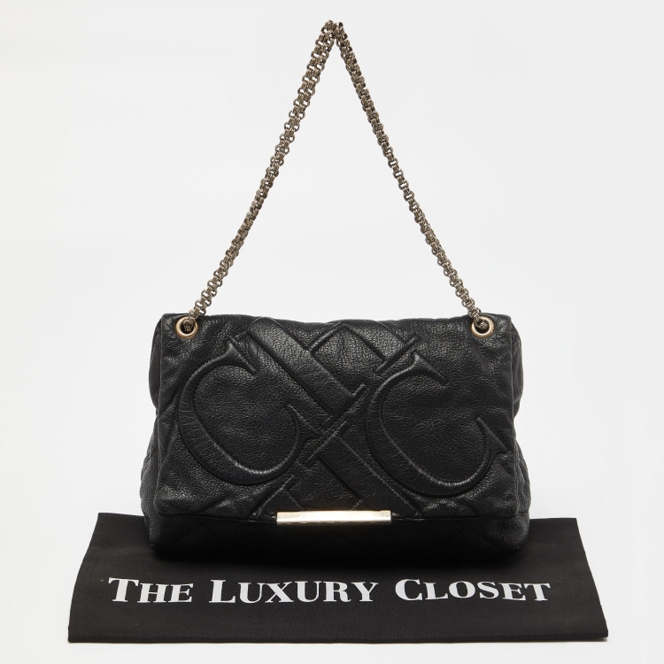 Pre Owned CH Carolina Herrera Black CH Embossed Leather Flap Chain Shoulder Bag