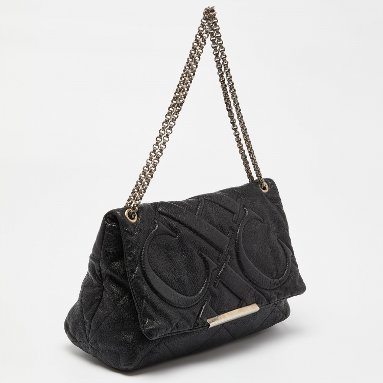 Pre Owned CH Carolina Herrera Black CH Embossed Leather Flap Chain Shoulder Bag