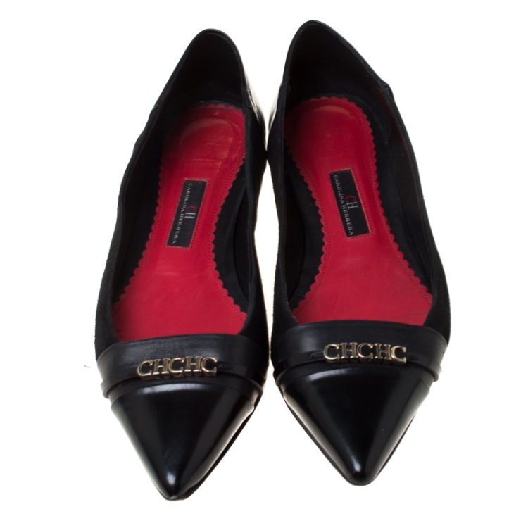 Pre Owned Carolina Herrera Black Leather Pointed Ballet Flats Size 37