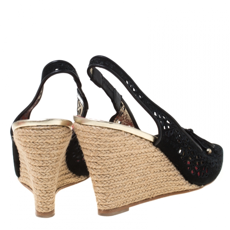 Pre Owned Carolina Herrera Black Lazer Cut Suede Bow Wedge Slingback Sandals Size 37