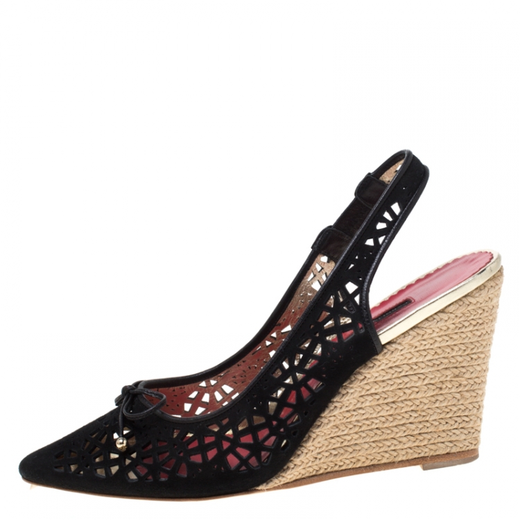 Pre Owned Carolina Herrera Black Lazer Cut Suede Bow Wedge Slingback Sandals Size 37