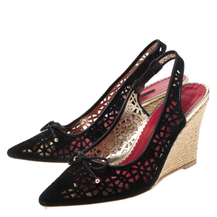 Pre Owned Carolina Herrera Black Lazer Cut Suede Bow Wedge Slingback Sandals Size 37