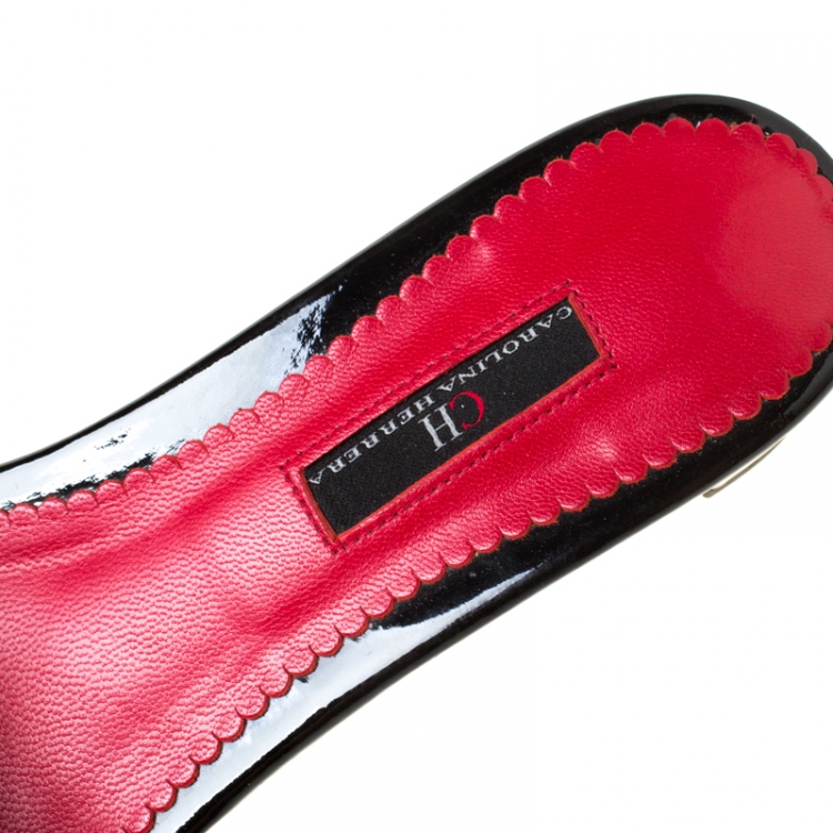 Pre Owned Carolina Herrera Black/Red Patent Leather Bow Slides Size 38