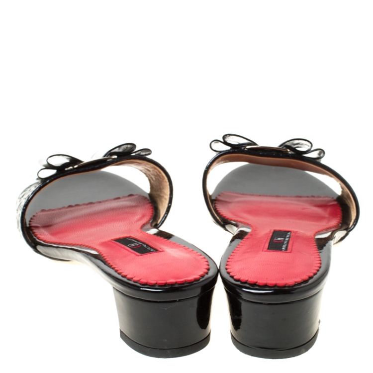 Pre Owned Carolina Herrera Black/Red Patent Leather Bow Slides Size 38
