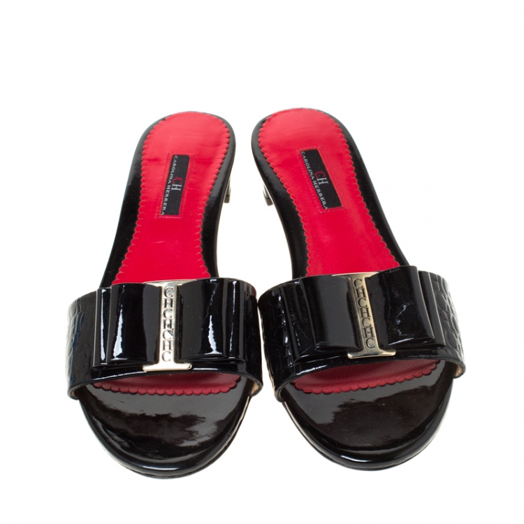Pre Owned Carolina Herrera Black/Red Patent Leather Bow Slides Size 38
