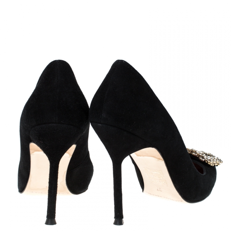 Pre Owned Carolina Herrera Black Suede Crystal Embellished Pointed Toe Pumps Size 37