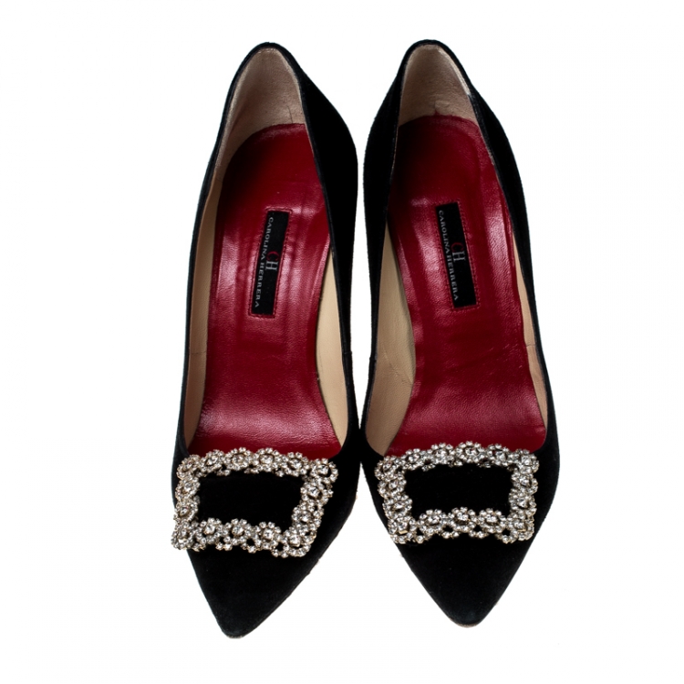 Pre Owned Carolina Herrera Black Suede Crystal Embellished Pointed Toe Pumps Size 37