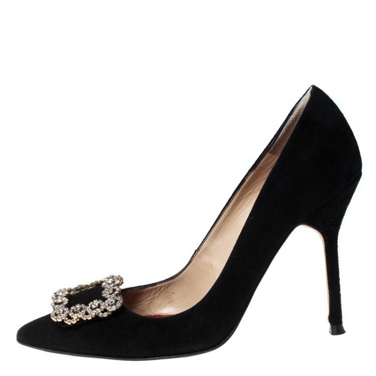 Pre Owned Carolina Herrera Black Suede Crystal Embellished Pointed Toe Pumps Size 37