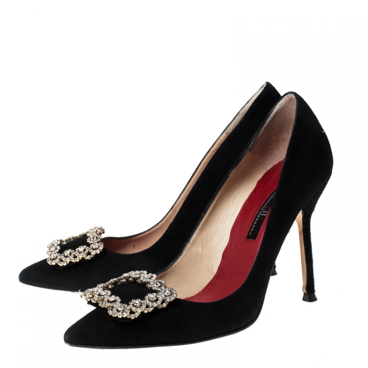 Pre Owned Carolina Herrera Black Suede Crystal Embellished Pointed Toe Pumps Size 37
