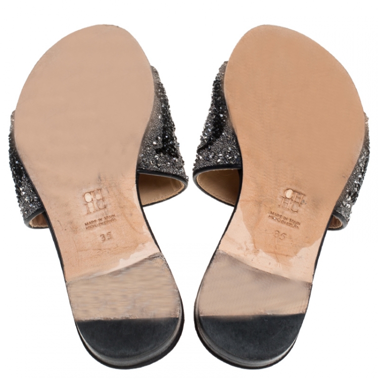 Pre Owned Carolina Herrera Grey/Black Crystal Embellished Mar de Slides Size 35