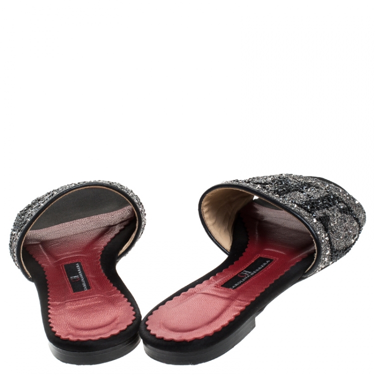 Pre Owned Carolina Herrera Grey/Black Crystal Embellished Mar de Slides Size 35