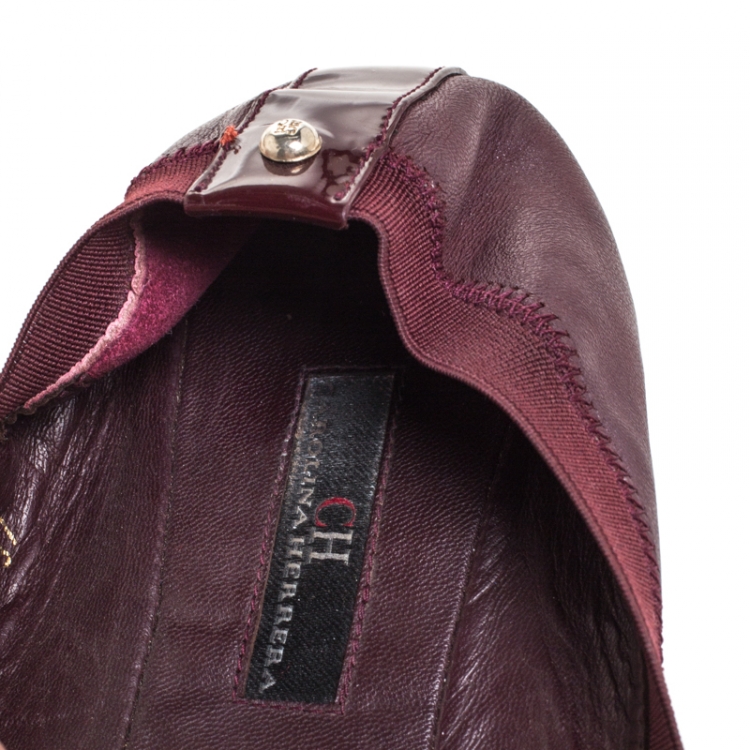 Pre Owned CH Carolina Herrera Burgundy Leather And Patent Leather Bow Ballet Flats Size 37
