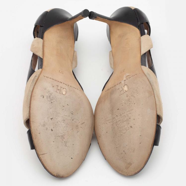 Pre Owned CH Carolina Herrera Black/Beige Leather and Suede Cut-Out Open-Toe Pumps Size 37