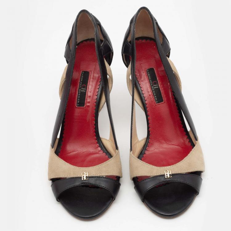 Pre Owned CH Carolina Herrera Black/Beige Leather and Suede Cut-Out Open-Toe Pumps Size 37