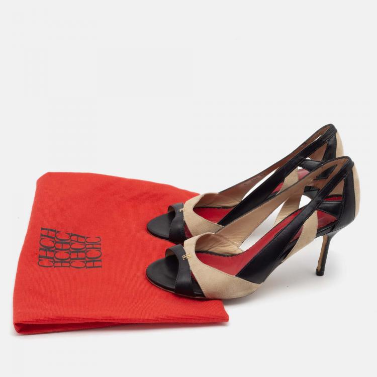 Pre Owned CH Carolina Herrera Black/Beige Leather and Suede Cut-Out Open-Toe Pumps Size 37
