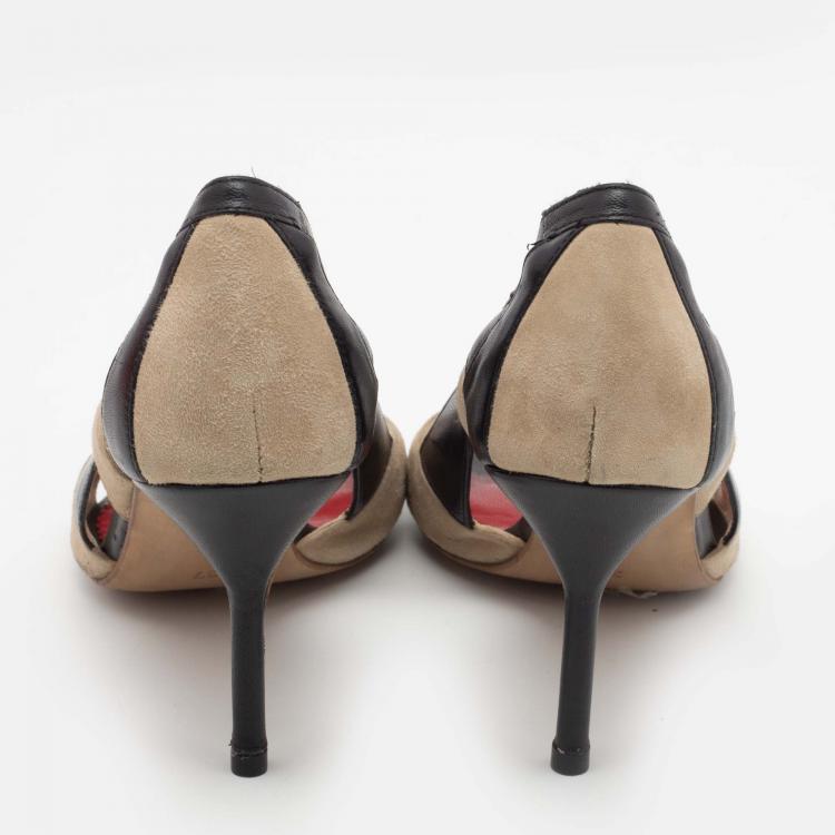 Pre Owned CH Carolina Herrera Black/Beige Leather and Suede Cut-Out Open-Toe Pumps Size 37