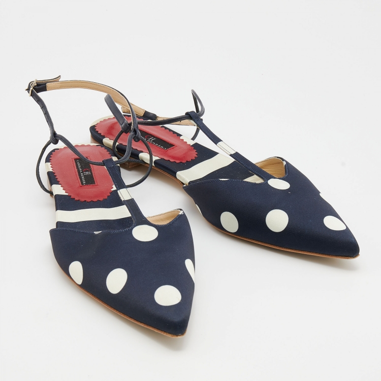 Pre Owned CH Carolina Herrera Navy Blue/White Polka Dot Satin T Strap Sandals Size 40