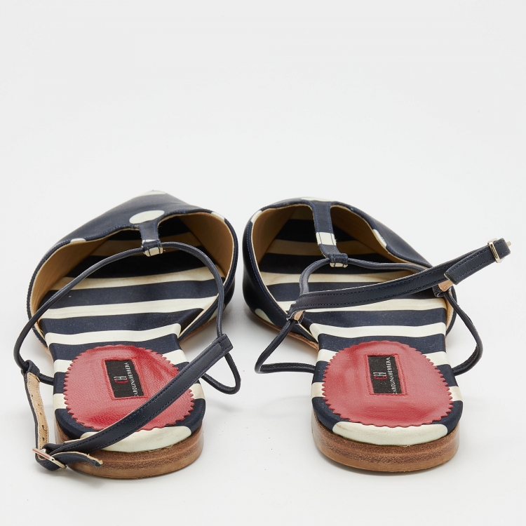 Pre Owned CH Carolina Herrera Navy Blue/White Polka Dot Satin T Strap Sandals Size 40