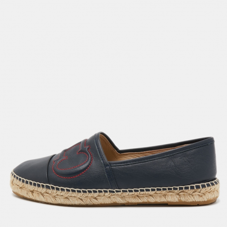 Pre Owned CH Carolina Herrera Blue Leather Cap Toe Espadrille Flats Size 38