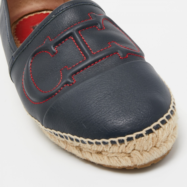 Pre Owned CH Carolina Herrera Blue Leather Cap Toe Espadrille Flats Size 38