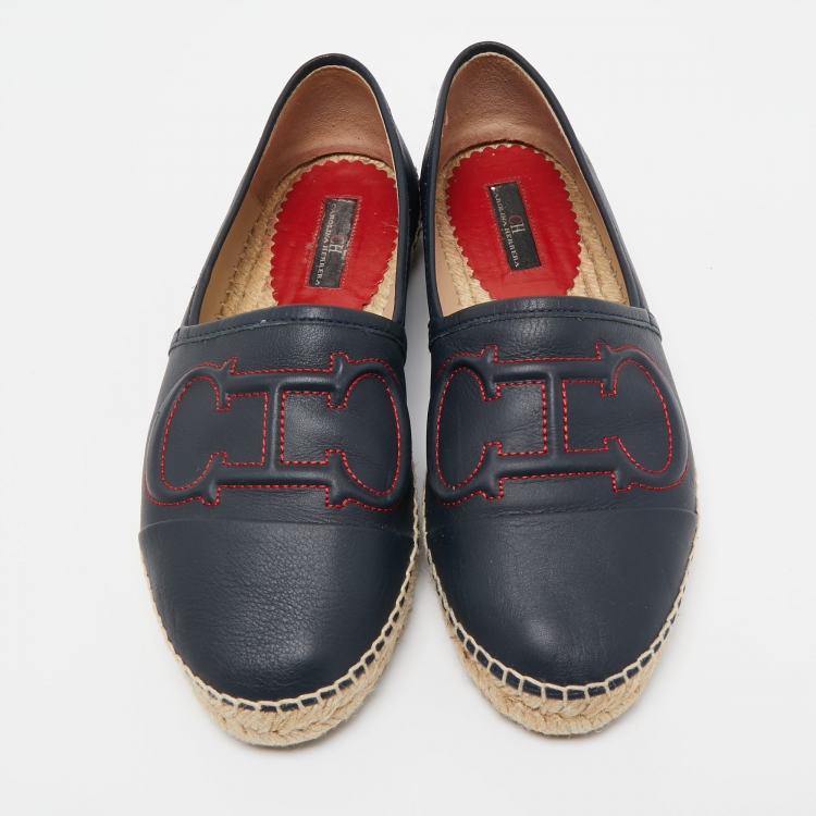 Pre Owned CH Carolina Herrera Blue Leather Cap Toe Espadrille Flats Size 38