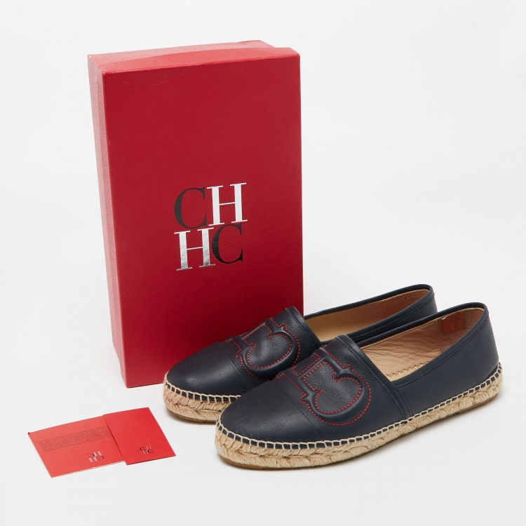 Pre Owned CH Carolina Herrera Blue Leather Cap Toe Espadrille Flats Size 38