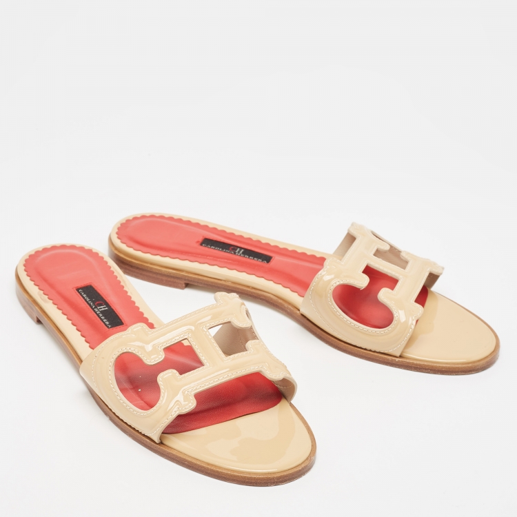 Pre Owned CH Carolina Herrera Beige Patent Leather Initials Insignia Flat Slides Size 39