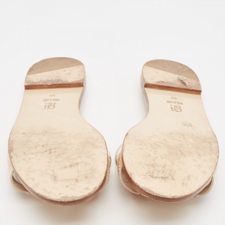Pre Owned CH Carolina Herrera Beige Patent Leather Initials Insignia Flat Slides Size 39