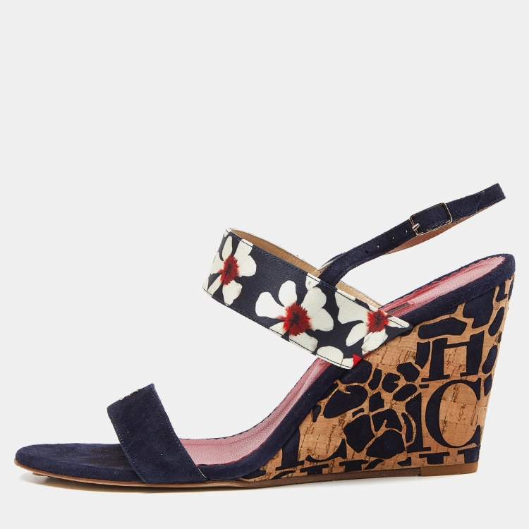 مملوكة مسبقًا CH Carolina Herrera Multicolor Satin and Suede Cork Wedge Slingback Sandals Size 39