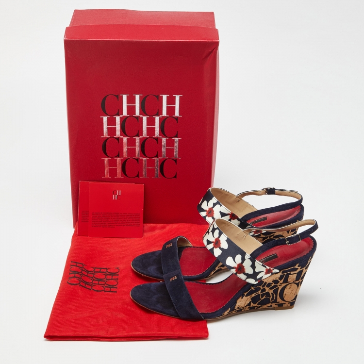 مملوكة مسبقًا CH Carolina Herrera Multicolor Satin and Suede Cork Wedge Slingback Sandals Size 39
