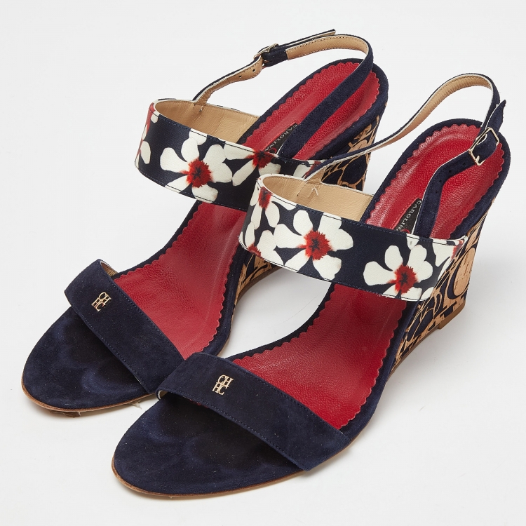 مملوكة مسبقًا CH Carolina Herrera Multicolor Satin and Suede Cork Wedge Slingback Sandals Size 39