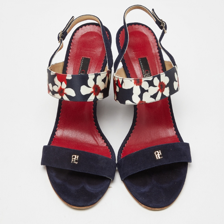 مملوكة مسبقًا CH Carolina Herrera Multicolor Satin and Suede Cork Wedge Slingback Sandals Size 39