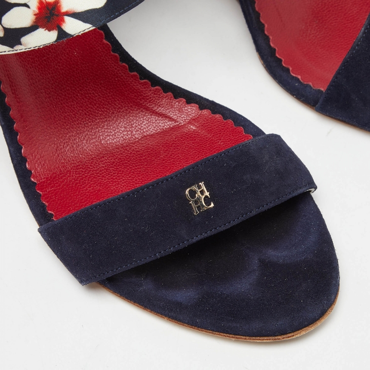 مملوكة مسبقًا CH Carolina Herrera Multicolor Satin and Suede Cork Wedge Slingback Sandals Size 39