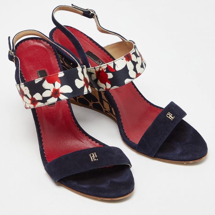 مملوكة مسبقًا CH Carolina Herrera Multicolor Satin and Suede Cork Wedge Slingback Sandals Size 39