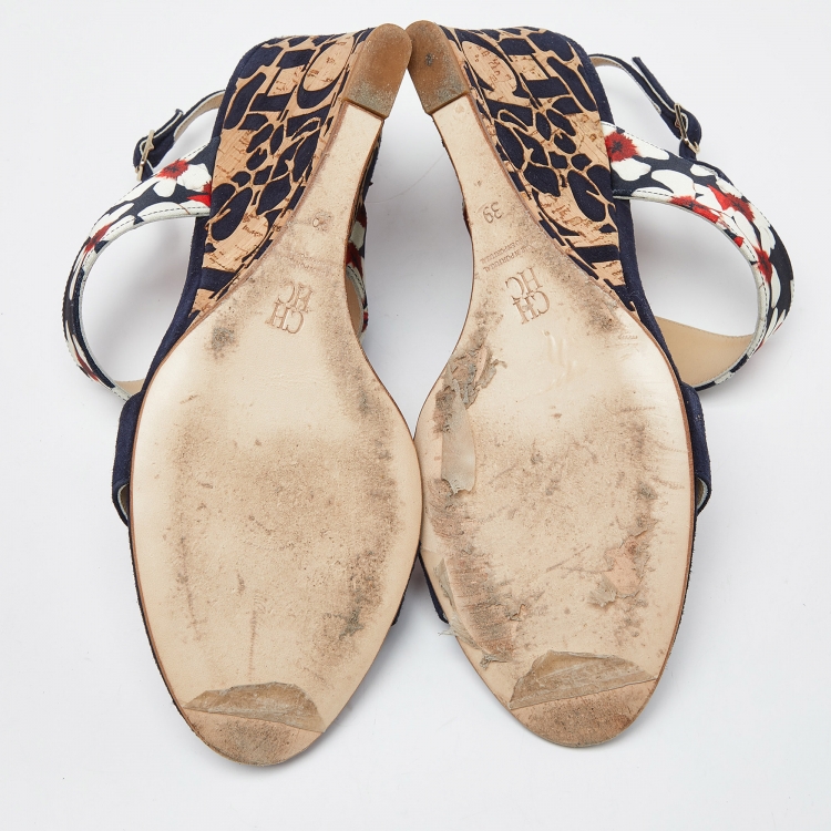 مملوكة مسبقًا CH Carolina Herrera Multicolor Satin and Suede Cork Wedge Slingback Sandals Size 39