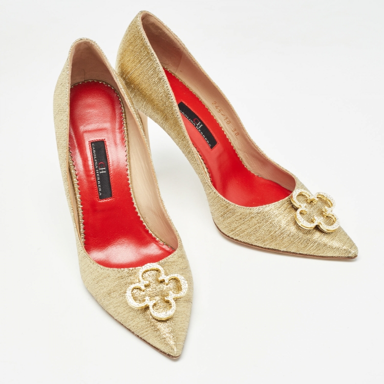 Pre Owned CH Carolina Herrera Gold Lurex Fabric Dorsay Pumps Size 38