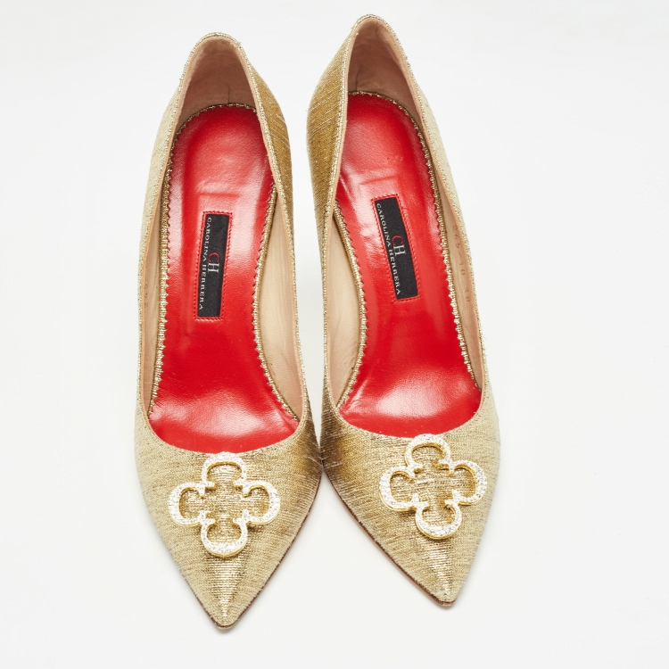 Pre Owned CH Carolina Herrera Gold Lurex Fabric Dorsay Pumps Size 38