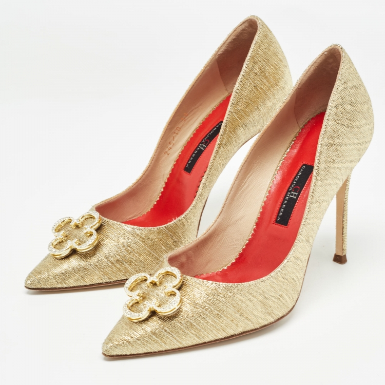 Pre Owned CH Carolina Herrera Gold Lurex Fabric Dorsay Pumps Size 38