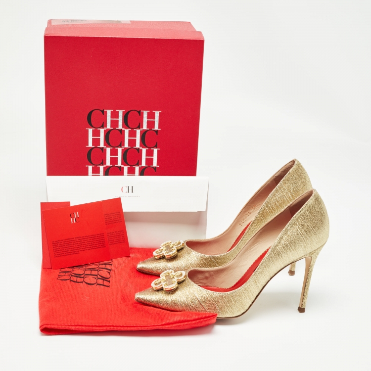 Pre Owned CH Carolina Herrera Gold Lurex Fabric Dorsay Pumps Size 38