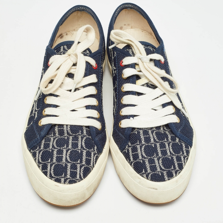 Pre Owned CH Carolina Herrera Navy Blue Canvas Low Top Sneakers Size 38