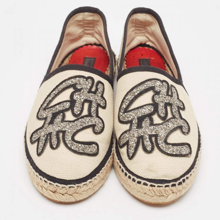 Pre Owned CH Carolina Herrera Cream Canvas Espadrille Flats Size 38