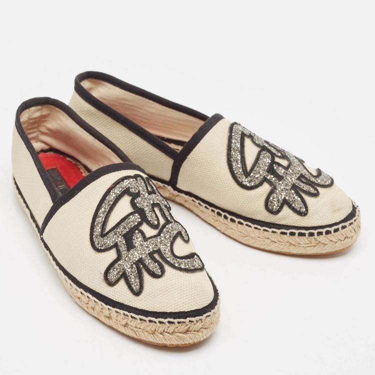 Pre Owned CH Carolina Herrera Cream Canvas Espadrille Flats Size 38