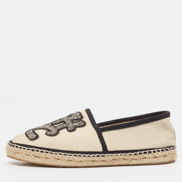 Pre Owned CH Carolina Herrera Cream Canvas Espadrille Flats Size 38