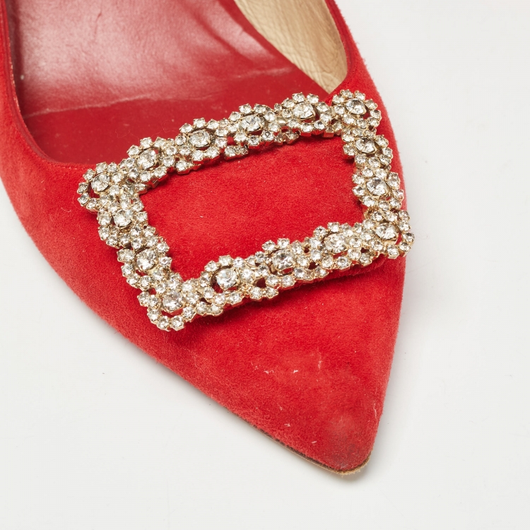 Pre Owned CH Carolina Herrera Red Suede Crystal Embellished Pumps Size 40