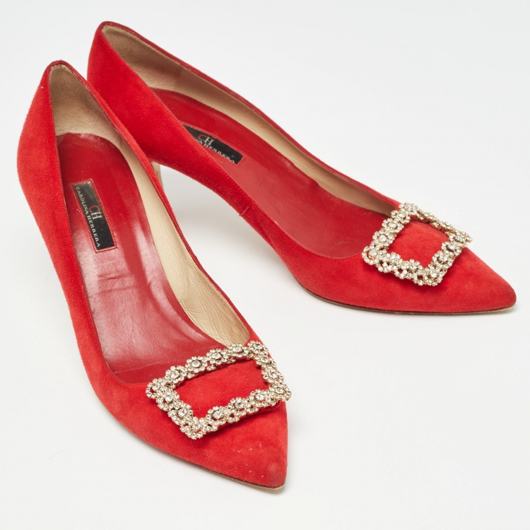 Pre Owned CH Carolina Herrera Red Suede Crystal Embellished Pumps Size 40