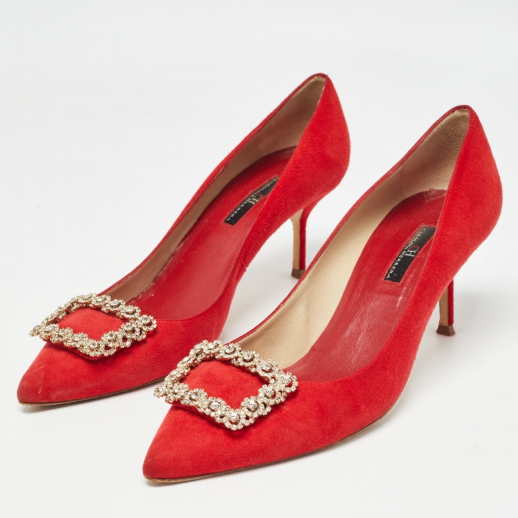 Pre Owned CH Carolina Herrera Red Suede Crystal Embellished Pumps Size 40